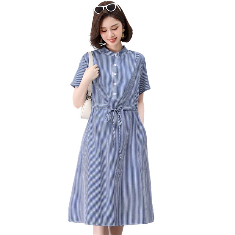 中年妈妈条纹连衣裙女2025夏季新款宽松休闲显瘦减龄气质衬衫裙子,女装连衣裙,江忆布依