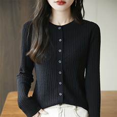 精纺羊毛麻花针织衫上衣外套女开衫2025新款长袖圆领打底上衣毛衫，女装羊毛衫，丹芙娇羊绒