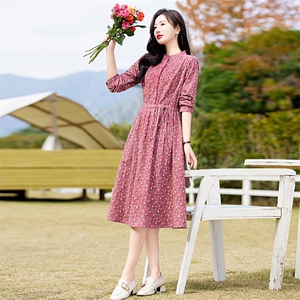 高端纯棉碎花连衣裙女长袖2026春季新款淑女气质收腰显瘦印花长裙图片