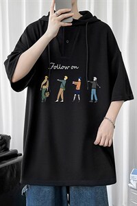 LD54043-P45 连帽短袖t恤男大码胖子带帽五分袖中袖图片