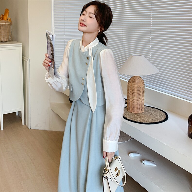 假两件拼接长袖连衣裙女2025春季新款法式高级感气质显瘦衬衫长裙,女装连衣裙,幸运星