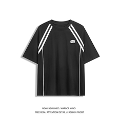 美式高街hiphop短袖t恤男款夏季薄款条纹拼接足球风T恤落肩袖体恤，男装T恤，电商B315