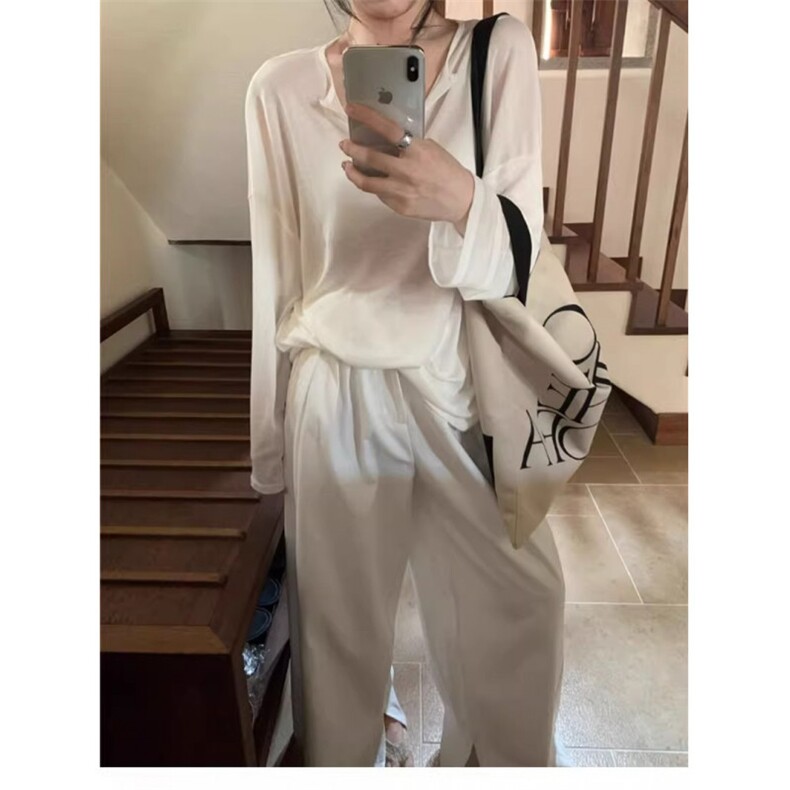 韩系慵懒风白色v领冰丝面膜T恤女秋季薄款微透防晒罩衫空调衫外套,男装防晒衣,星座506A