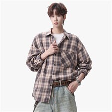 衬衫男春季新款港风宽松大码磨毛格子长袖衬衣CS550-P38，男装衬衫，星座214-3