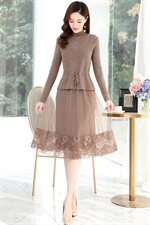 2022冬季新款时尚舒适A字蕾丝边裙摆两件套毛衣连衣裙，女装连衣裙，魅丽静蓝