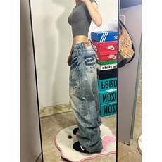 【网图有货】美式复古闪电纹牛仔裤男女款宽松裤子7668CC-特P48，男装牛仔裤，星座1007（原301D）