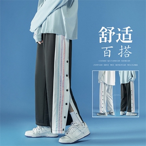 21新款休闲裤男潮排扣三条杠宽松大码直筒运动裤 四季款7741-P50图片