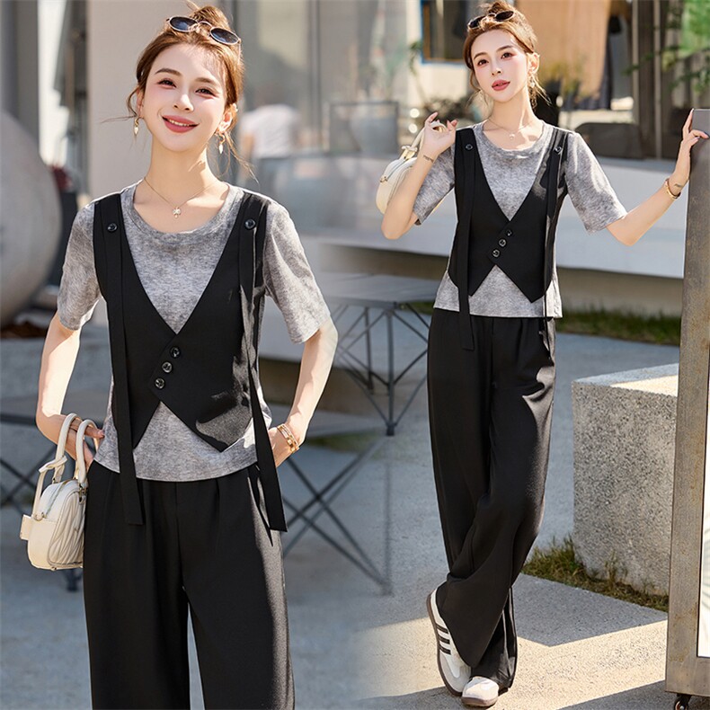 2025夏季新款气质通勤马甲套装女短袖显瘦阔腿裤两件套，女装套装/套裙，秀美人生