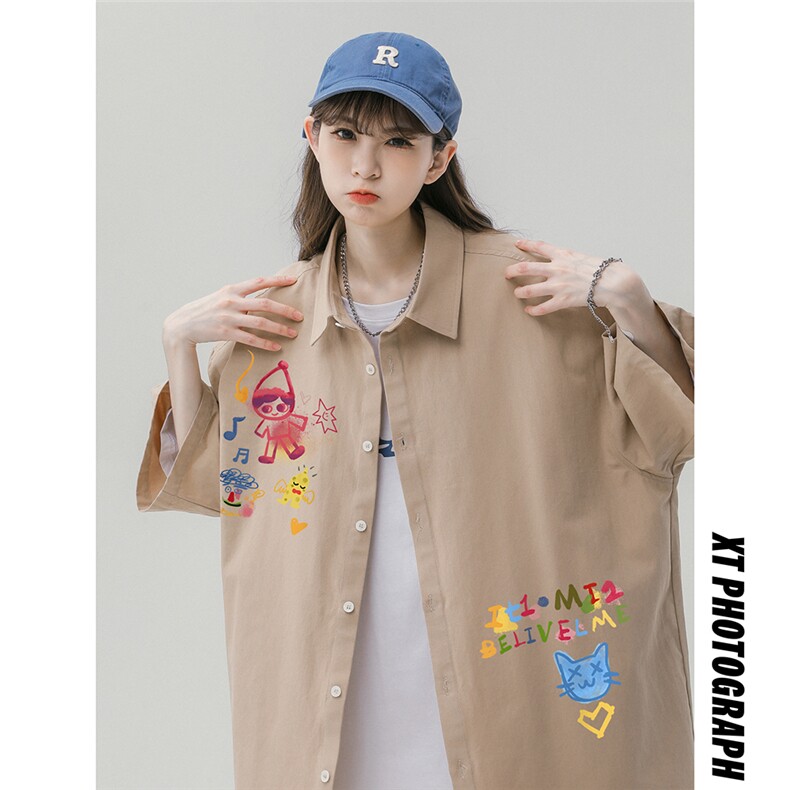 中性24夏季潮流个性字母图案印花短袖衬衫S6210P350控48，男装衬衫，电商A268