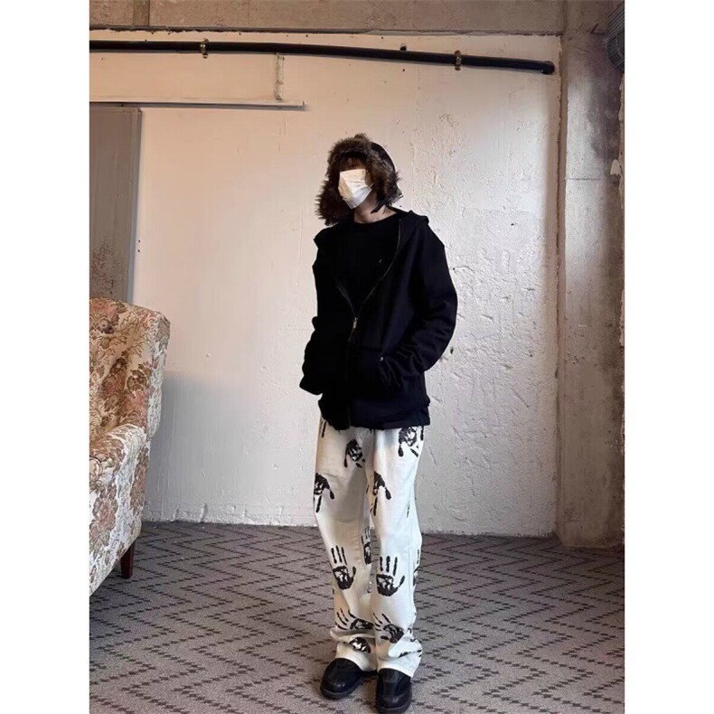 网络图手掌印花白色男女hiphop潮牌炸街微喇长裤N669-P53,男装牛仔裤,星座308B-2