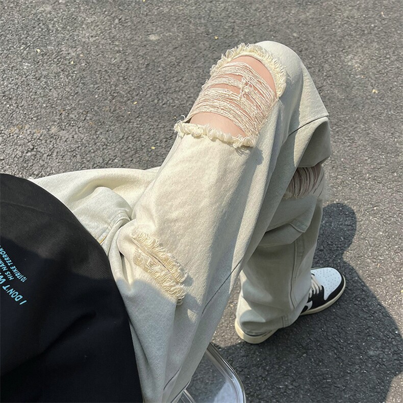 破洞牛仔裤男女夏美式高街复古直筒宽松潮牌痞帅乞丐裤N01613-P40,男装牛仔裤,星座308B-1