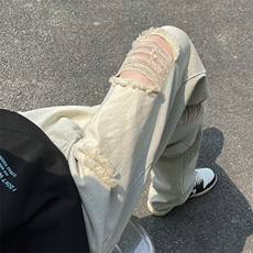 破洞牛仔裤男女夏美式高街复古直筒宽松潮牌痞帅乞丐裤N01613-P40，男装牛仔裤，星座308B-1