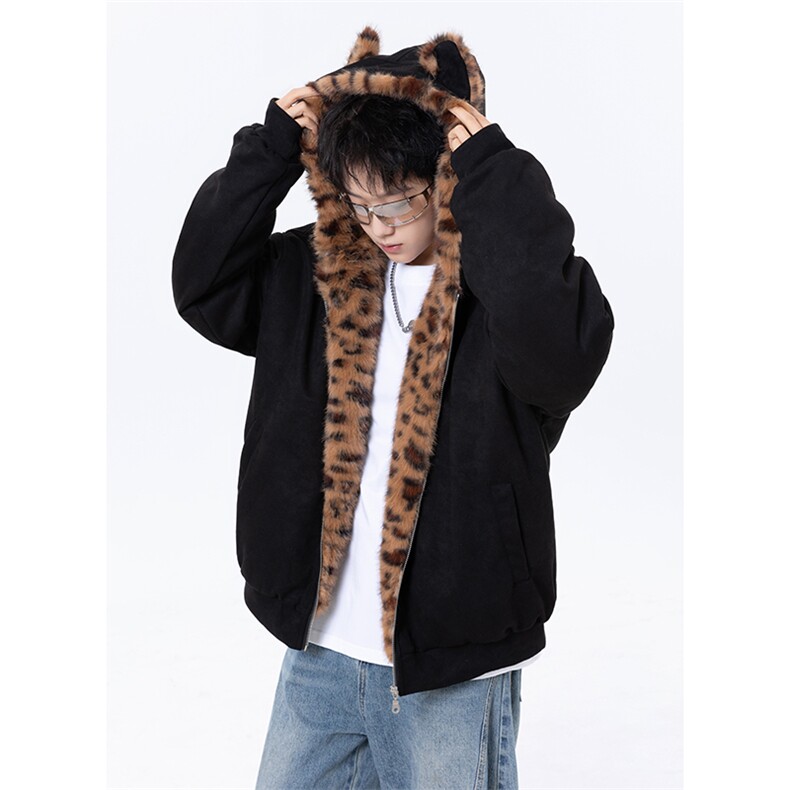豹纹座山雕麂皮猫耳朵连帽棉服外套加厚棉衣2312 P118图片