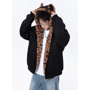 豹纹座山雕麂皮猫耳朵连帽棉服外套加厚棉衣2312 P118图片