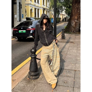 美式复古字母印花水洗做旧高街微喇牛仔裤男女直筒裤子图片