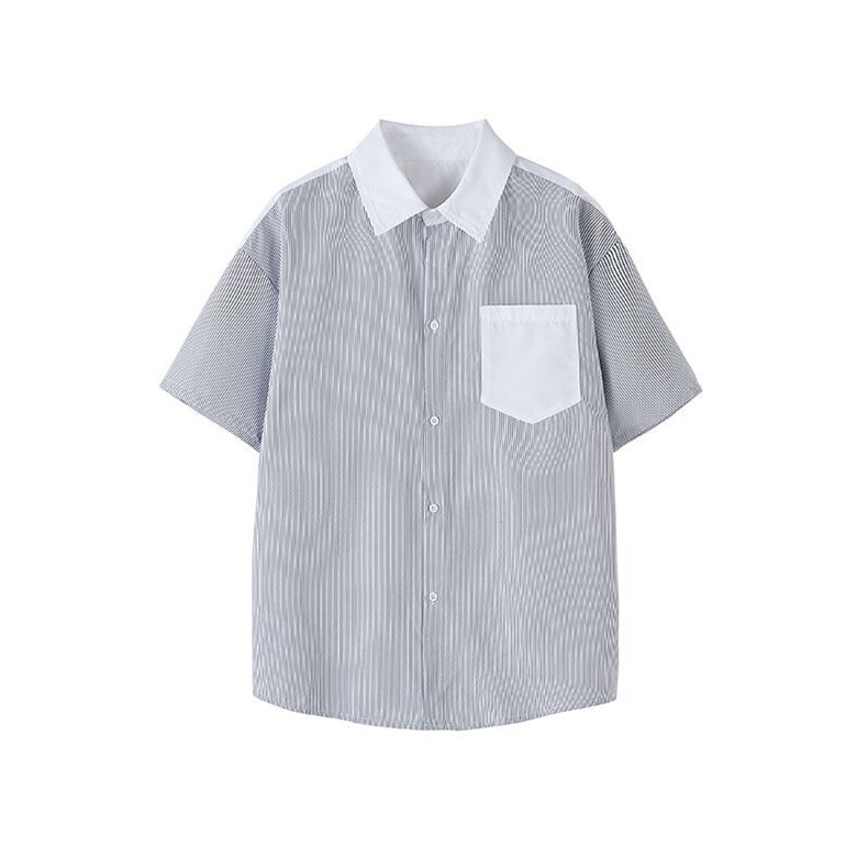 仓库现货CS1120-特批25条纹撞色拼接百搭痞帅大码短袖衬衫,男装衬衫,电商A059