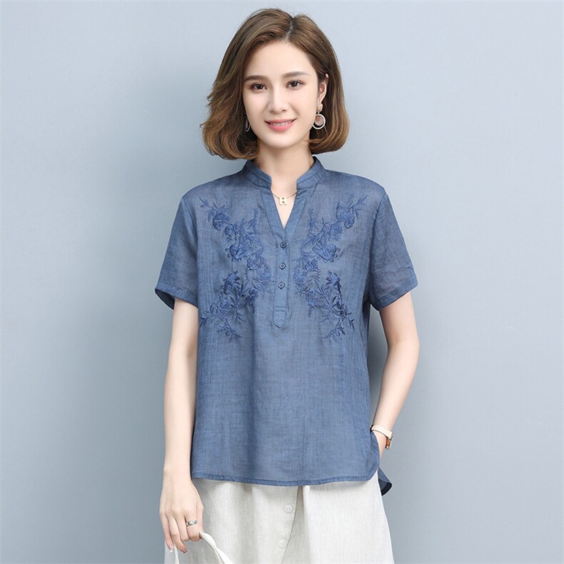棉麻衬衫女夏2025新款高端大码宽松苎麻小衫中年妈妈短袖亚麻上衣,女装T恤,丽影随形