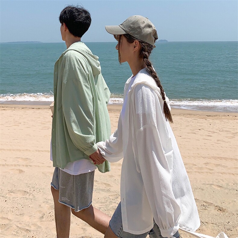 Y501夏新款港风情侣连帽宽松衬衣夏百搭休闲防晒衣遮阳沙滩服男女,男装风衣,星座115A(原星座507）