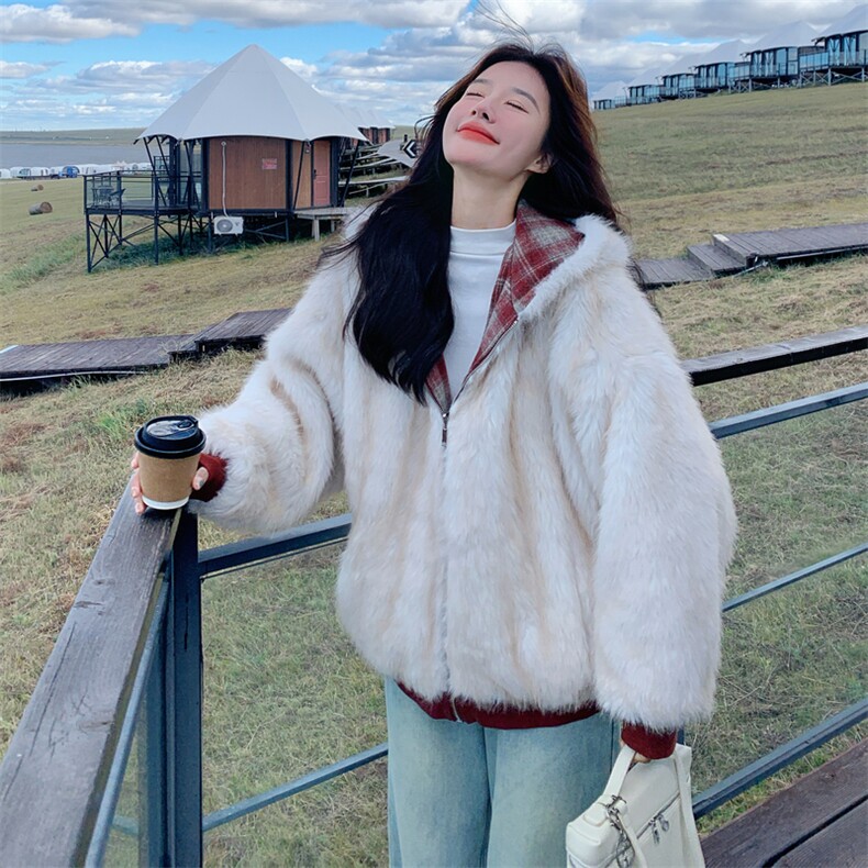 红色格纹两面穿连帽羊羔毛外套女冬韩系小个子加绒加厚皮毛一体,女装毛呢外套,2B188