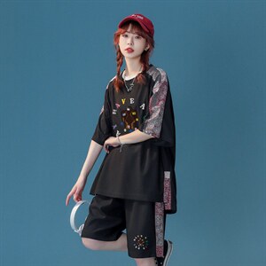 中性风 2023夏季新款腰果花字母印花冰丝华夫格套装TZ952 P65控88图片