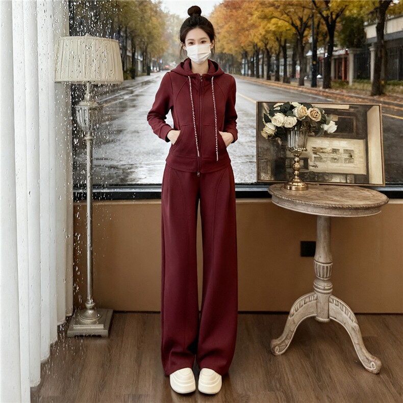 女春季新款时尚慵懒风套装红色拉链开衫连帽长袖外套阔腿裤两件套,女装套装/套裙,江南