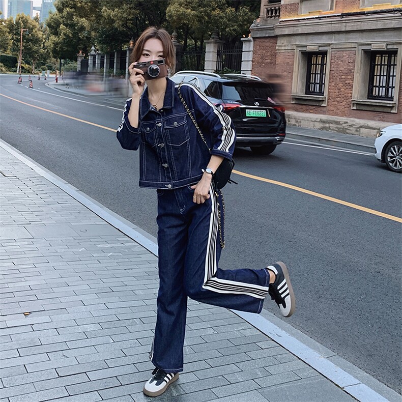 时尚牛仔套装女春秋季2025设计感短外套搭配阔腿裤气质休闲两件套,女装套装/套裙,艾仟回(原伊仟回)