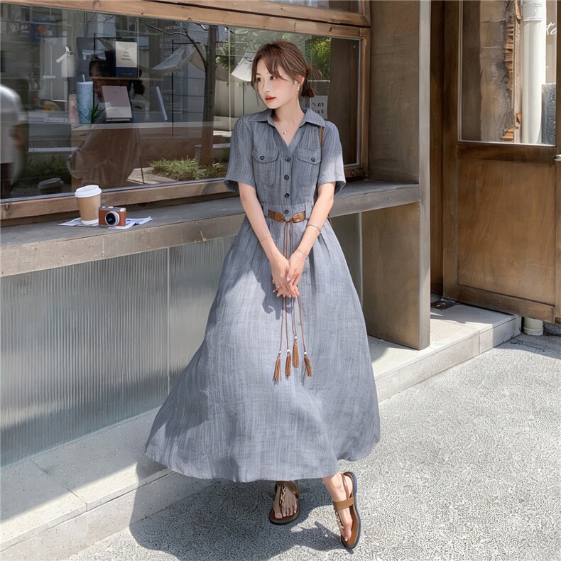 《档口现货26夏上新》气质三色天丝亚麻透气舒适连衣裙配腰带女,女装连衣裙,时尚风爆