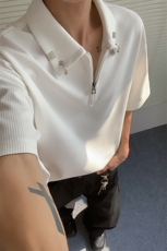 特批P25无差价华夫格金属扣复古polo衫半拉链男宽松短袖T恤T5077，男装Polo衫，电商A001-1