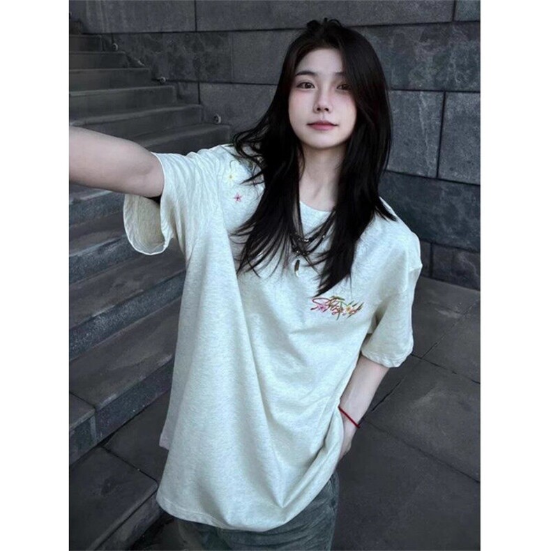 Q189/P43毛巾绣&发泡印花230克纯棉大落肩版型短袖T恤1,女装T恤,星座1506