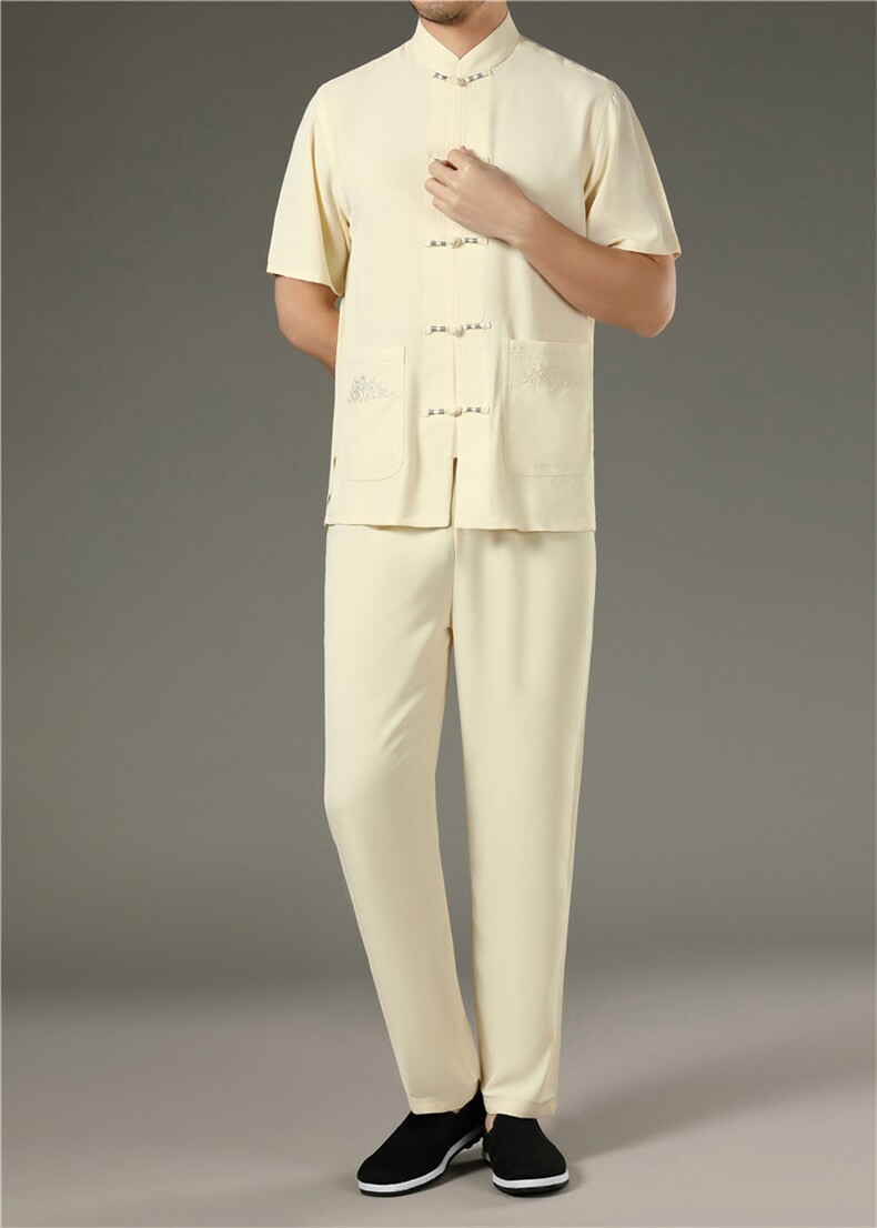 中老年亚麻套装高档唐装夏太极服中式刺绣立领短袖上衣风套装，男装中老年男装，钱塘723