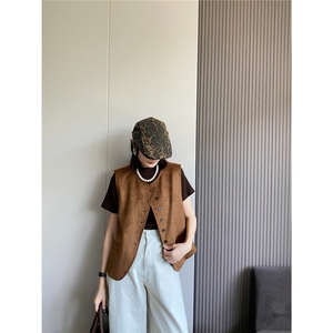 韩版复古麂皮绒马甲外套女大码胖mm秋季新款宽松无袖坎肩背心上衣