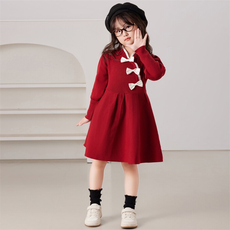 时尚女童气质立领百搭简约长袖套头旗袍连衣裙优雅甜美公主风，童装连衣裙，伊美侕