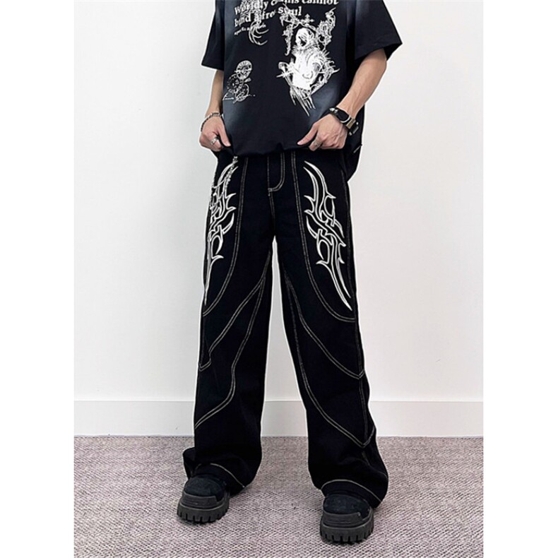 美式荆棘刺绣印花阔腿裤解构设计感弯刀牛仔裤男女N51，男装牛仔裤，星座1116A（原606A-3）