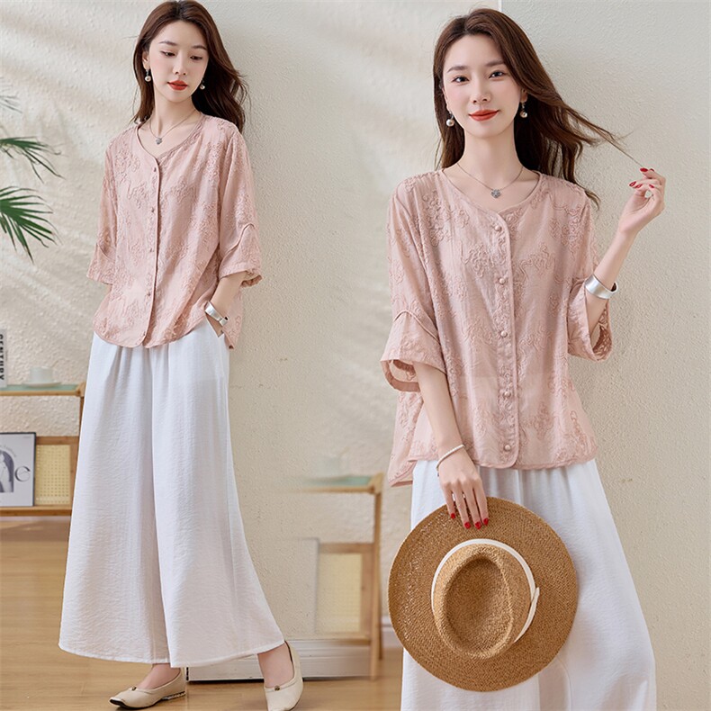 新款夏季套装女太新款2025夏季刺绣高级感复古天丝棉麻短袖两件套，女装套装/套裙，魅影