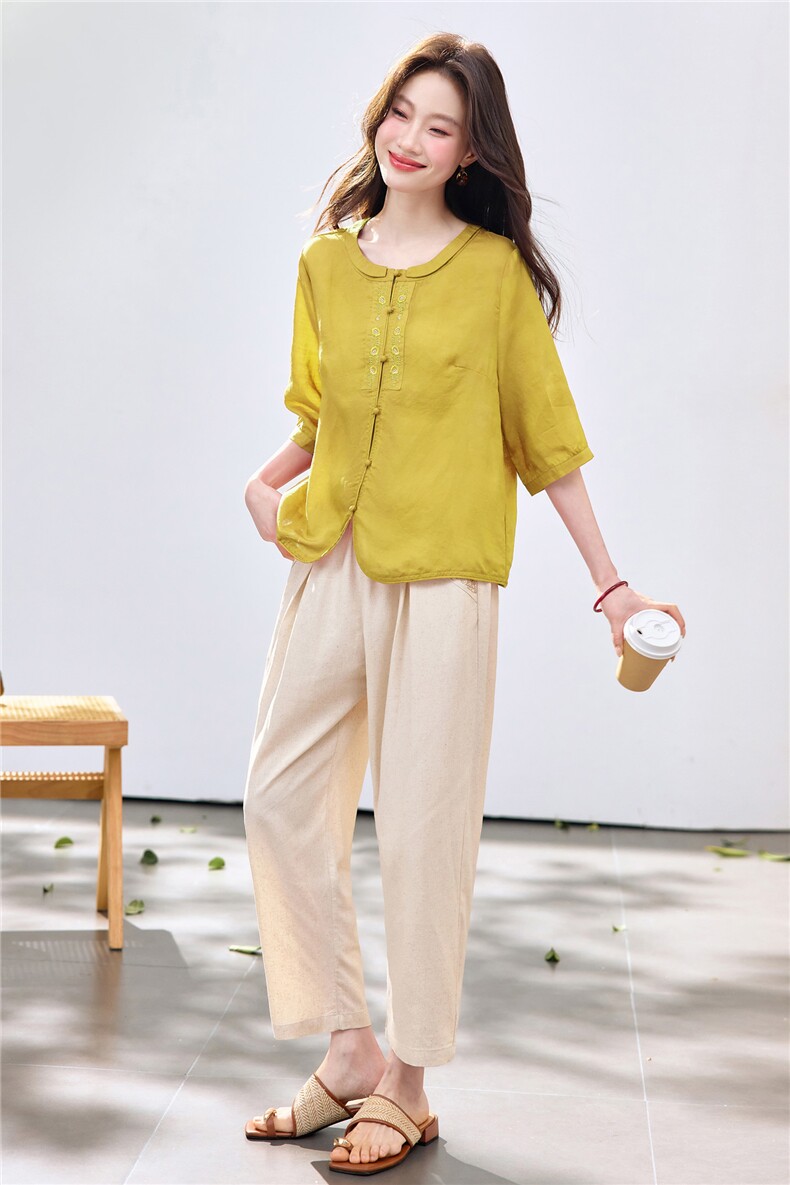 长期现货2026夏季新款天丝苎麻刺绣衬衫T恤中年小脚裤两件套装女,女装套装/套裙,璐依舞