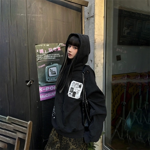 美式复古重磅水洗做旧贴布连帽卫衣男女秋冬宽松cleanfit高街外套图片