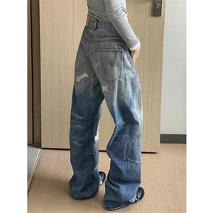 美式复古水洗做旧假破洞牛仔裤欧美潮牌高街工装直筒裤 7644-P63图片