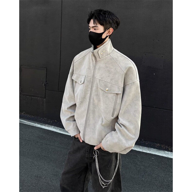 W9694-P85网图现货夹克立领工装外套高级感痞帅cleanfi机车皮衣,男装夹克,星座1608-2