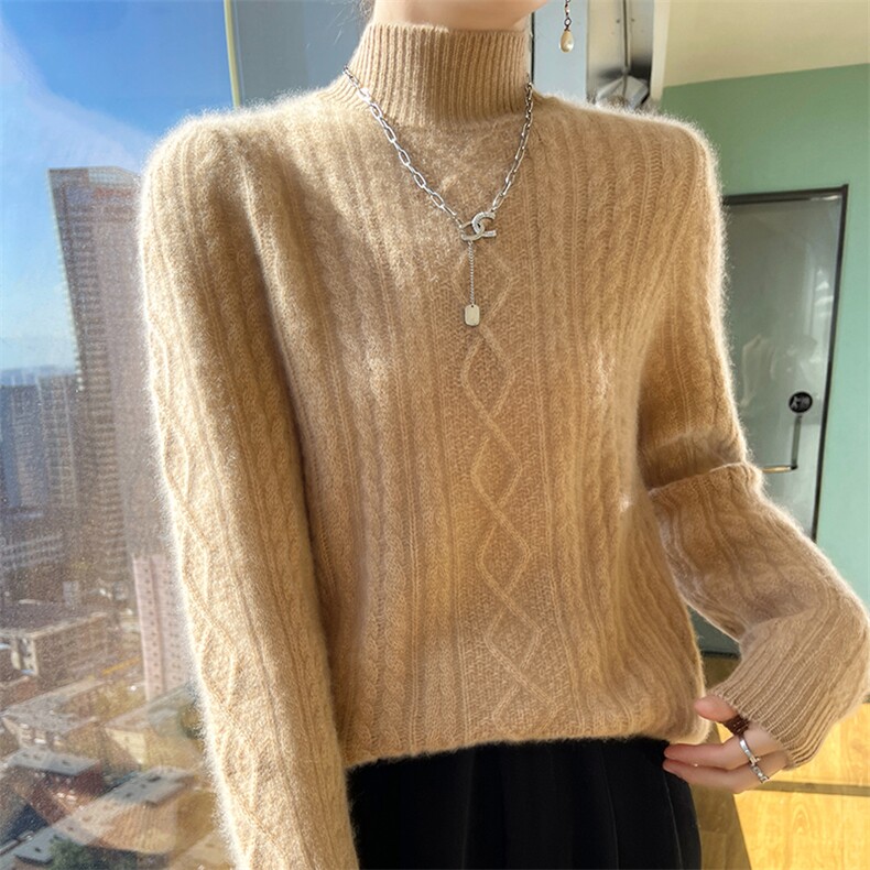 25秋冬100%纯羊毛衫女半高领菱形扭花加厚长袖毛衣宽松羊绒衫打底,女装羊毛衫,宇灿羊绒