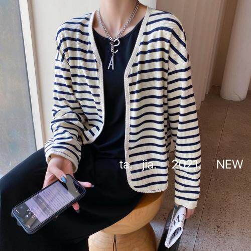 条纹宽松针织开衫，其它，她家