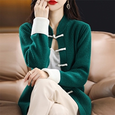 复古中国风100%纯羊毛开衫女立领盘扣拼色针织外套宽松提花羊绒衫，女装羊毛衫，冀清阳荣