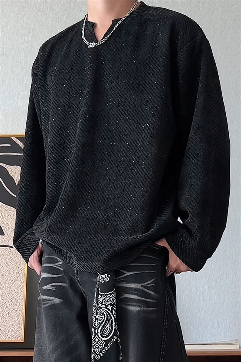 高克重320g斜纹银丝雪尼尔V领休闲大码长袖T恤男T24545-特P25控48,男装T恤,电商A001