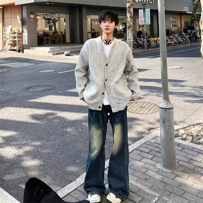 韩版高级感软糯灰色开衫毛衣男女春秋宽松慵懒风针织衫外套-M7355,男装针织衫/毛衣,星座601-1