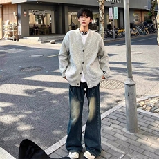 韩版高级感软糯灰色开衫毛衣男女春秋宽松慵懒风针织衫外套-M7355，男装针织衫/毛衣，星座601-1