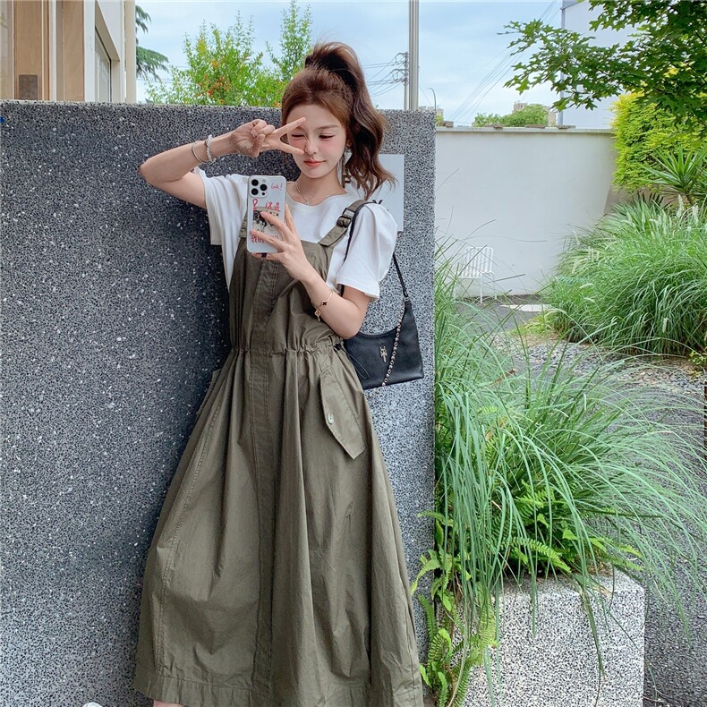绿色背带裙套装女2025夏季新款小个子宽松背带连衣裙高级感套装裙图片