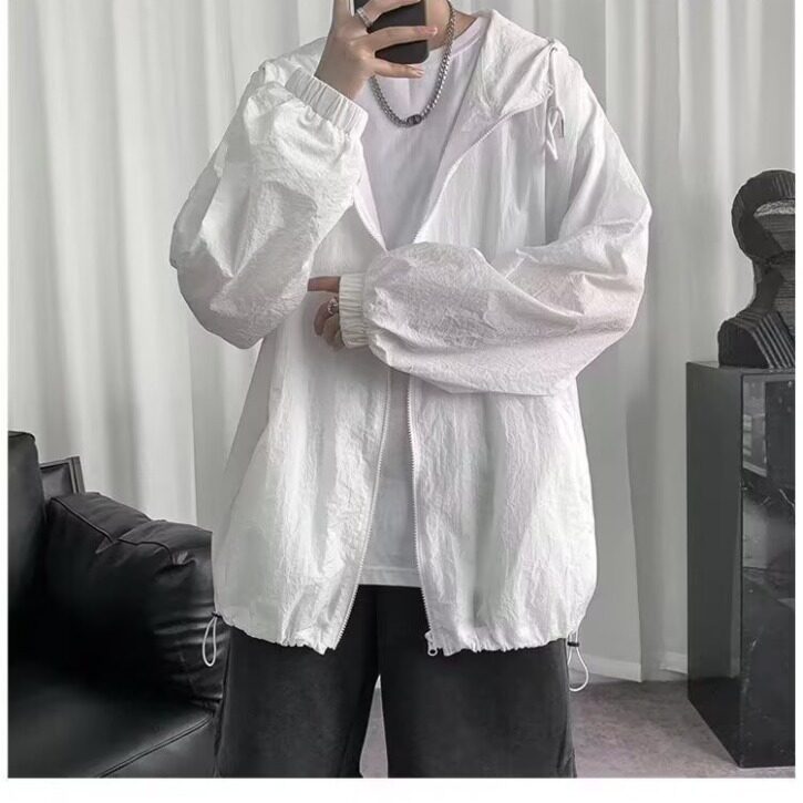 夏季新款防晒衣男港风宽松拉链防晒服外套纯色大码连帽休闲夹克潮,男装防晒衣,星座506A