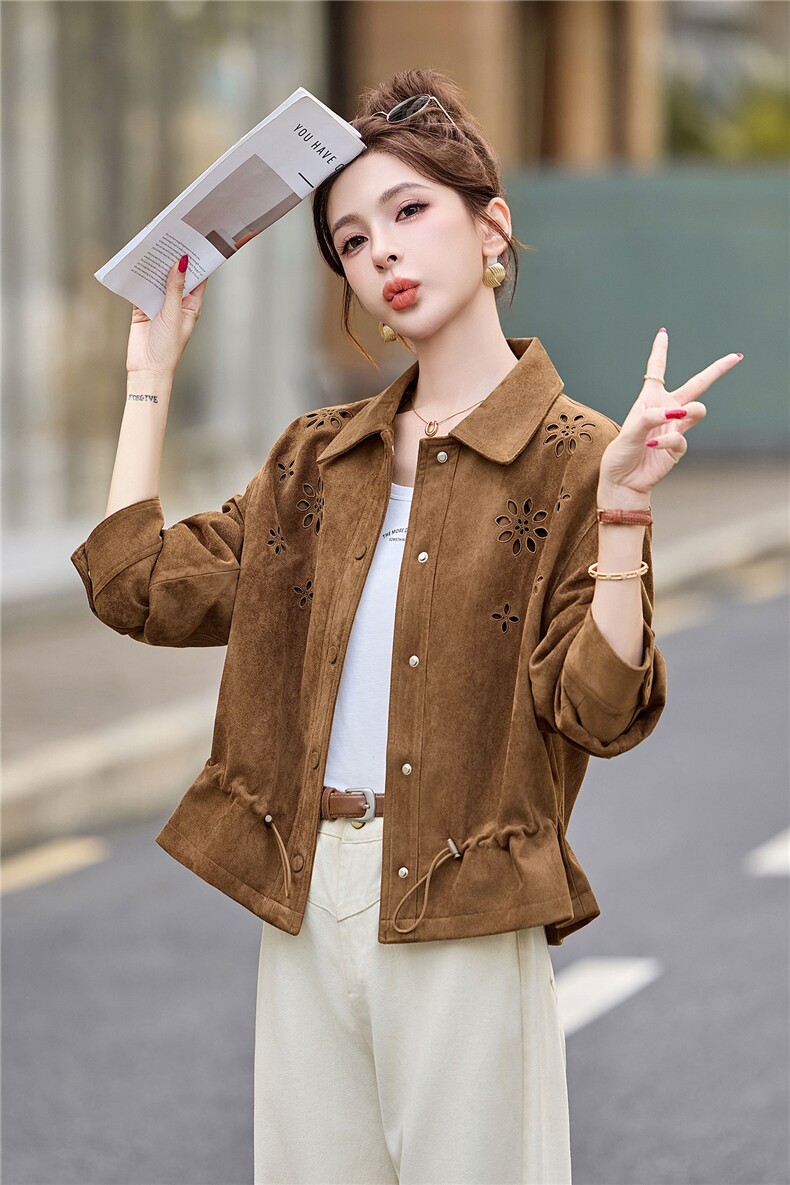 短款外套女2026秋季新款小个子美拉德复古休闲收腰麂皮绒夹克上衣,女装短外套,丽影随形