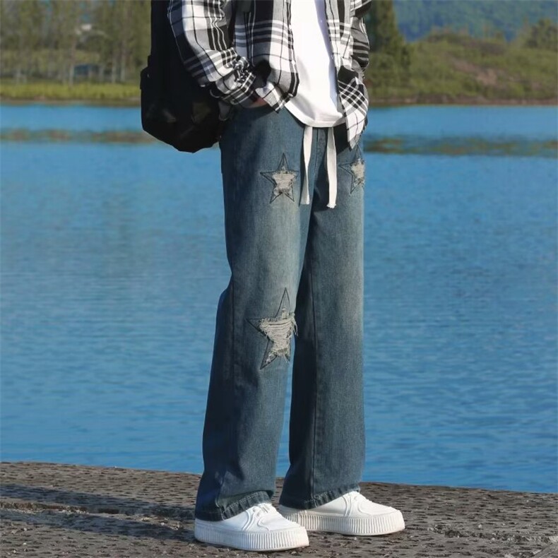 新款美式街头星星刺绣毛边牛仔裤男春秋季宽松休闲百搭直筒裤,男装牛仔裤,星座410-6（原星座1304-1）