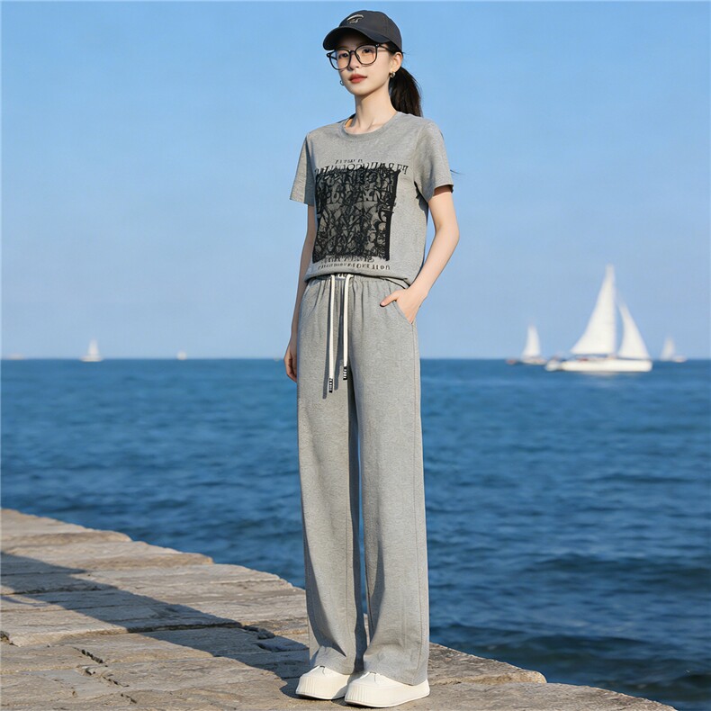 复古简约休闲时尚套装女夏季新款蕾丝撞色拼接短袖上衣长裤两件套,女装套装/套裙,江南
