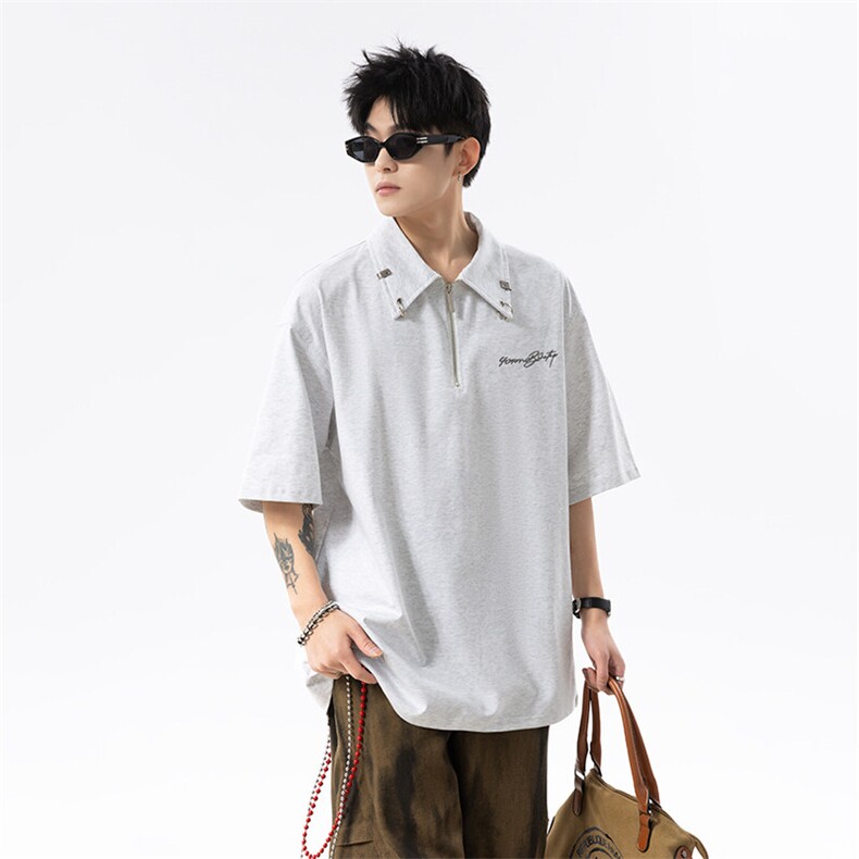 半拉链刺绣金属扣Polo衫防晒凉感短袖T恤男小众设计上衣潮,男装防晒衣,星座516
